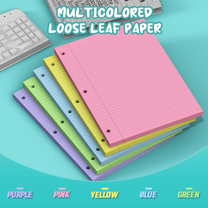 600 Sheets Loose Leaf Paper 8 x 10.5, 5 Colors Lined Paper College Ruled, 3 Ring Binder Paper 120 Sheets/Colors, 3 Hole Punched Notebook Paper 8 x 10.5, Colored Filler Paper for Office, School, Home