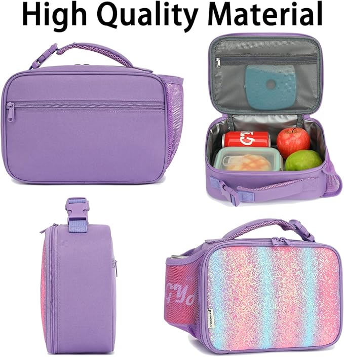 GYEUKHAM Insulated Lunch Box for School, Thermal Reusable Durable Freezable Lunch Bags for Kids Boys Girls Men Women - Small Soft Cooler Portable Lunch Tote Kit for Work Picnic Travel,Purple Glitter