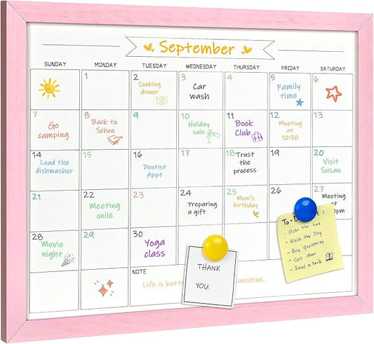 TORASO Dry Erase Monthly Calendar Board, Magnetic Whiteboard for Wall, Office/School/Home, Solid Wood Pink Frame Hanging Board 13"x 17"(YL-Pink-3343-B)
