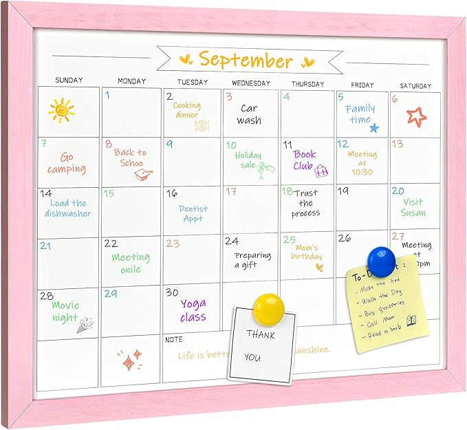 TORASO Dry Erase Monthly Calendar Board, Magnetic Whiteboard for Wall, Office/School/Home, Solid Wood Pink Frame Hanging Board 10.5"x 14.5"(YL-Pink-2737-B)