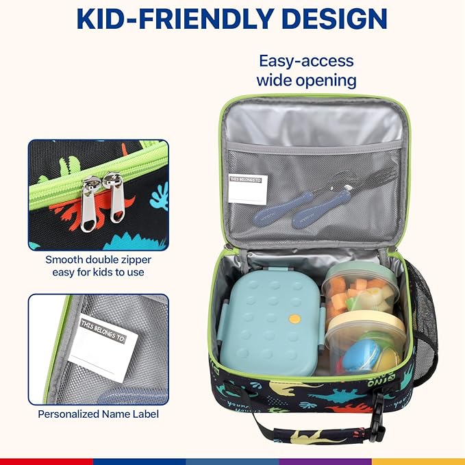 Bagseri Kids Lunch Bag Boys - Thermal Insulated Lunch Box Tote with Water Bottle Holder, Reusable Leak-Proof Kids Lunch Box for Daycare & School, Black Dinosaur (Containers Not Included)