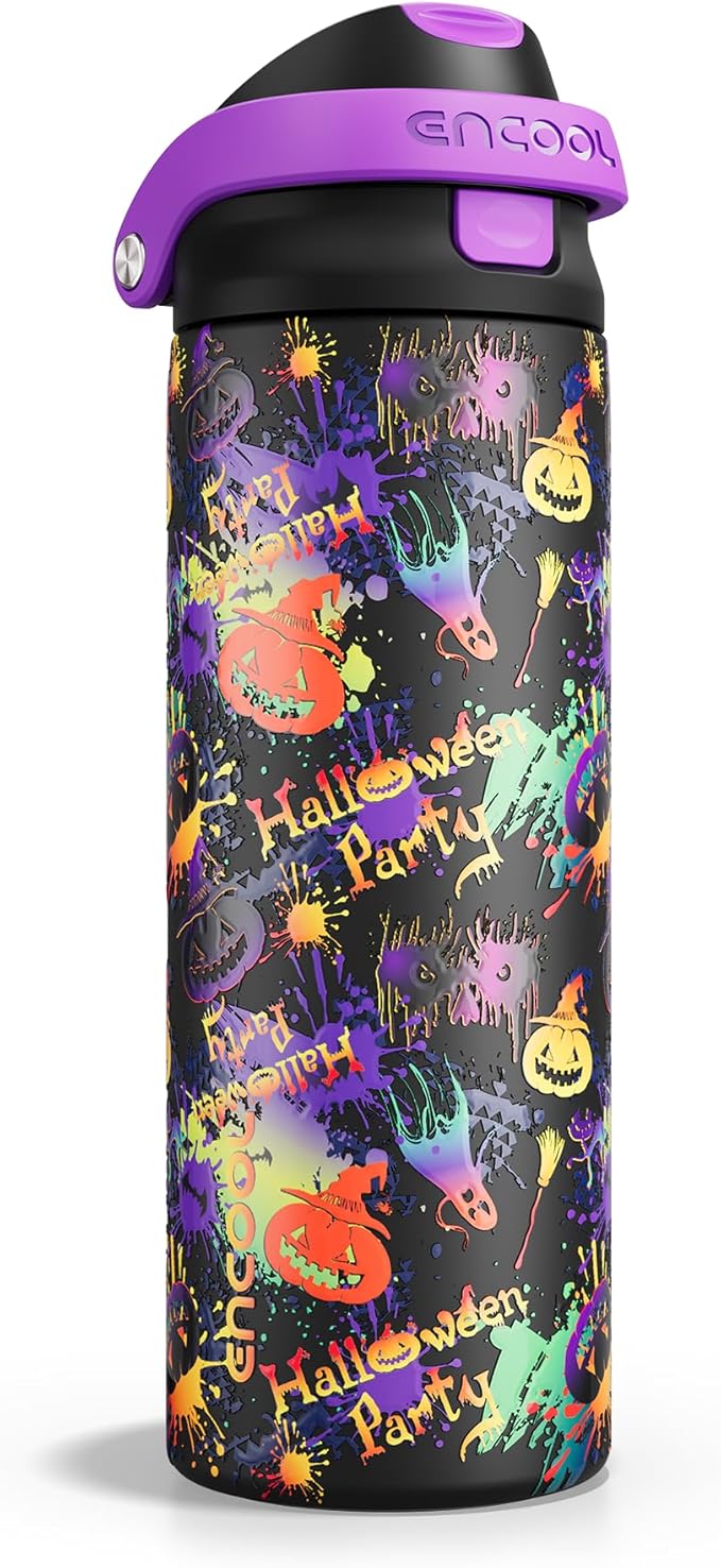Encool SwiftSip Insulated Stainless Steel Water Bottle with Straw - Leak Proof Sports Water Bottle for School, Travel, Keeps Cold All Day, One-Touch Flip Lid, BPA-Free, 24 oz, Ghost Party
