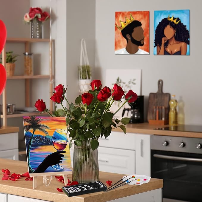 Ctosree 72 Pcs Lovely Couple Paint and Sip Kit for Adults 8'' x 10'' Pre Drawn Canvas for Painting DIY Pre Printed Canvas for Party Favor Afro Acrylic Painting Kit Wood Easel Brushes Date Night Bulk