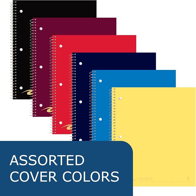 ROARING SPRING 1 Subject Spiral Notebook, 24 Pack, 11" x 9", College Ruled, 100 Perforated Sheets, Assorted Glasscoat Covers, Double Storage Pocket, Made in USA