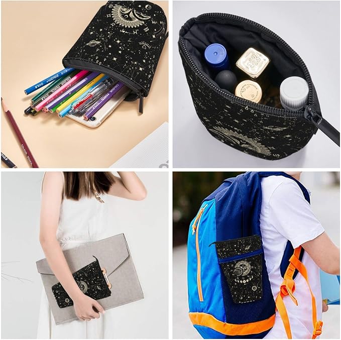 Moon and Sun Standing Pencil Case Cute Telescopic Stationary Pouch with Zipper Large Capacity Stand up Pen Bag Portable Makeup Holder for School Office Supplies