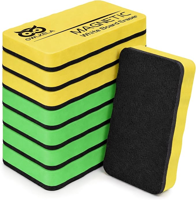 OWLKELA 8Pcs Dry Erase Erasers, Magnetic Whiteboard Eraser for Glass Board, Dry Board and Calendar Board, Green&Yellow