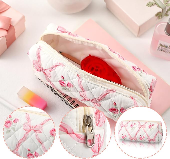 Sherr Coquette Pink Bow Pencil Case Pink Floral Bow Cute Pencil Pouch Soft Cotton Storage Bag Aesthetic Pattern Gift Makeup Pouch Cosmetic Bag for Women Adults