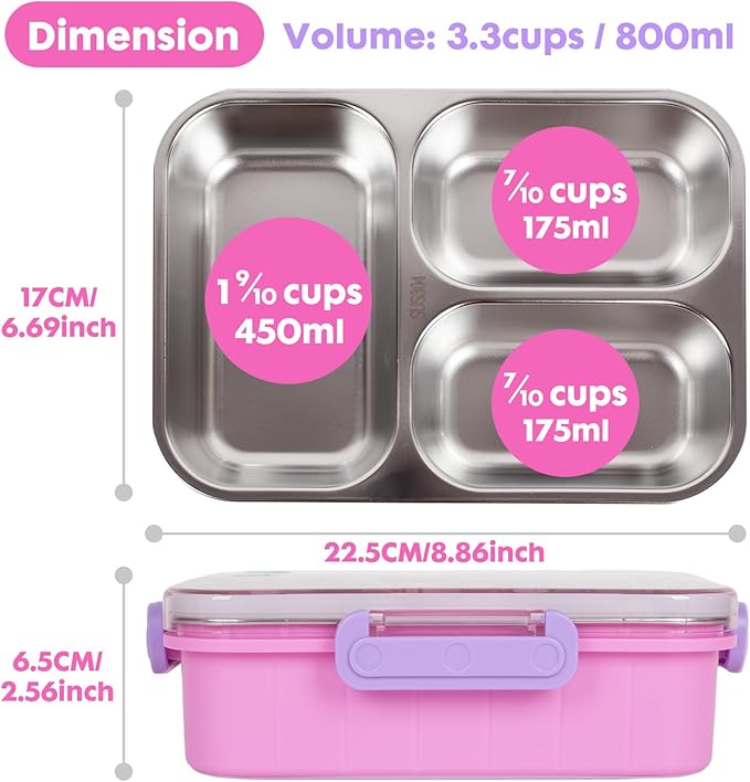 Stainless Steel Bento Lunch Box for Kids, 800ml/27oz BPA-Free Leak-Proof Food Containers with 3 Compartments, Freezer & Dishwasher Safe, Back to School Students Lunches Size for Ages 3-7