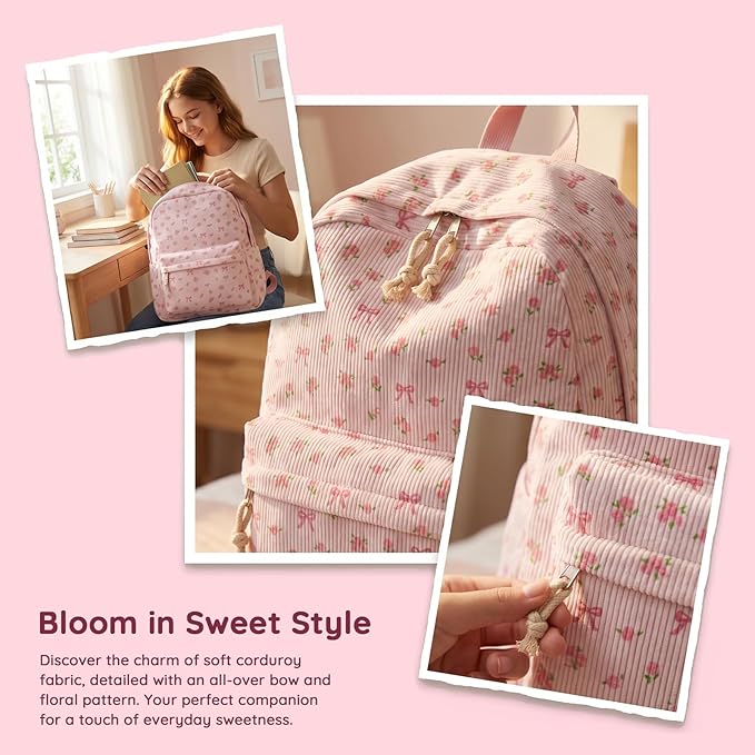 BTOOP School Backpack for Girls Teens Large Corduroy Bookbag Lightweight Casual High School College Backpacks 17 inch Laptop Travel Bag (Pink Bow Floral-1)
