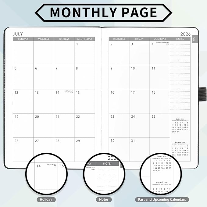 2026-2027 Planner - Academic Planner 2026-2027 Weekly Monthly Planner, July 2026 - June 2027, 5.7'' x 8.4'', Thick Paper, Leather Cover, Pen Holder, Back Pocket, Perfect Daily Organizer- Grey
