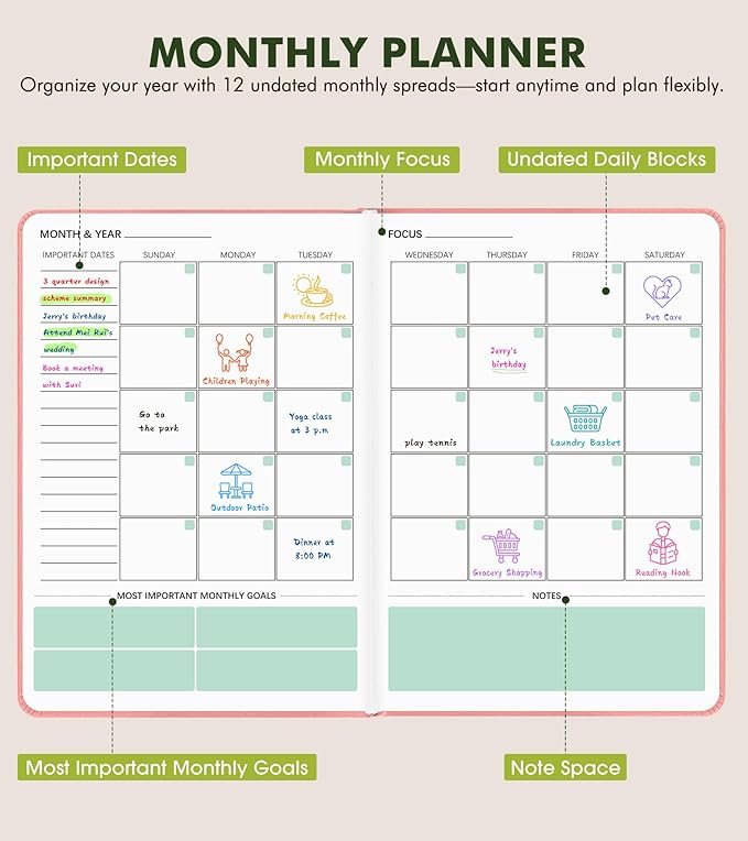 Undated Weekly and Monthly Planner, Hardcover Leather Calendar Blank Planner, Simplified To Do List Notebook with Goal & Habit Tracker Organizer, A5 Daily Weekly Planner for Work School Home, Pink