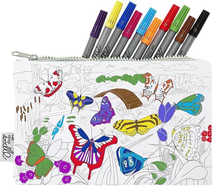 DIY Coloring Butterfly Pencil Case for Kids with 10pcs Washable Markers, Reusable Art Supply Organizer, Fun Arts & Crafts Activity for Boys & Girls, Creative Gift Idea for Ages - eatsleepdoodle