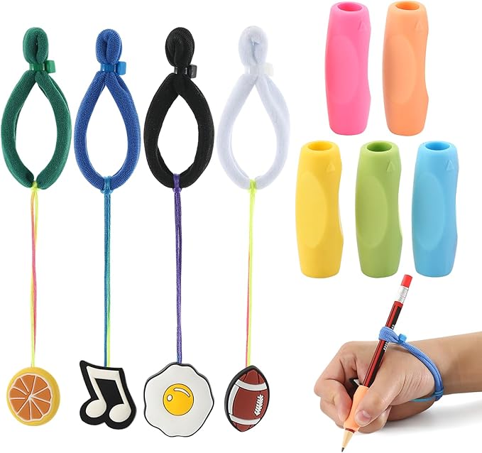 Ergonomic Pencil Grips Silicone Handwriting Training Kit, 6 Pcs Set Pencil Correction Holder with 4 Pcs Elastic Wrist Positioners, Soft Correction Tools for Toddlers Preschoolers Students (Color)