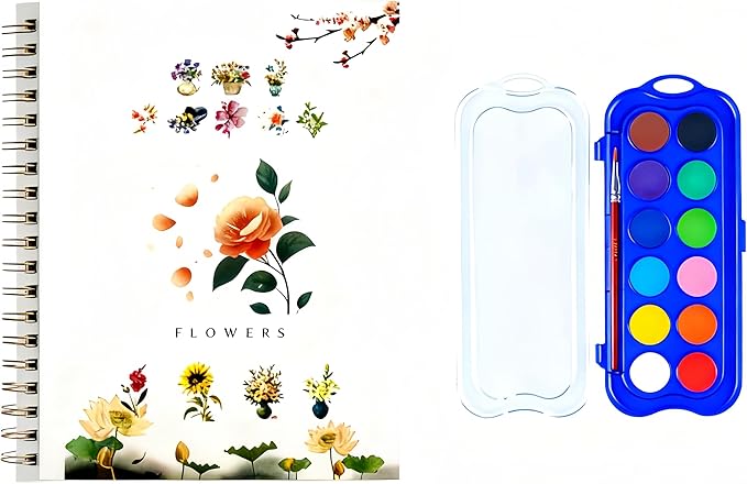 12 Colors Watercolor Book with Paint，Beginner Watercolor Workbook Kit, Watercolors Workbook (Flowers -12 Colors)
