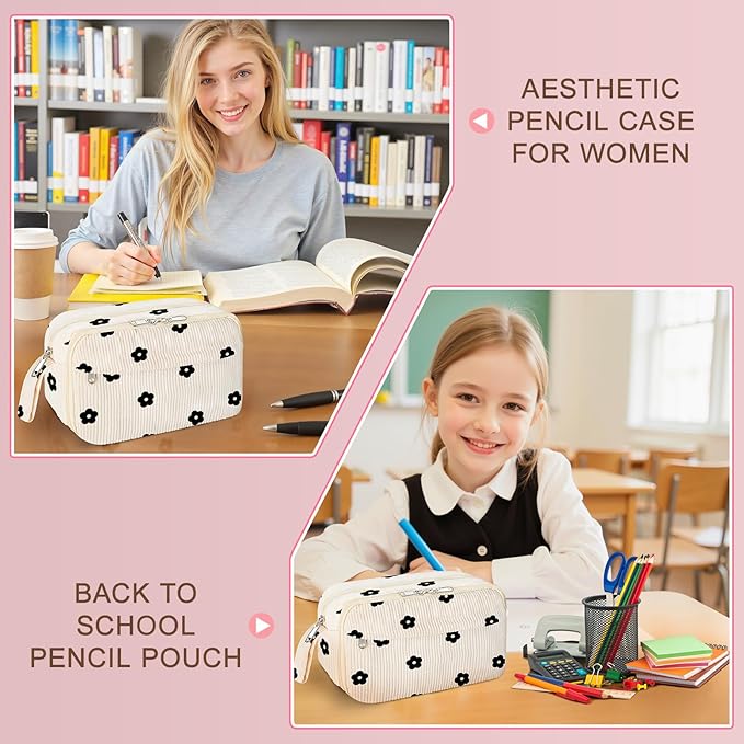 Large Pencil Pouch for Girls,Cute Corduroy Pencil Case Pouch Aesthetic Soft Pencil Bag for School, Zippered Pencil Organizer School Supplies for Girls Women Gift (black floral)