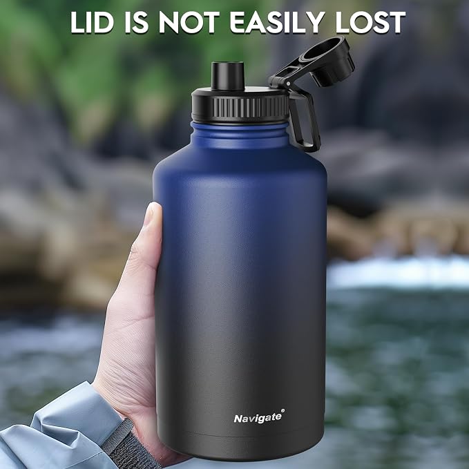 Navigate 64oz Insulated Water Bottle for Sports, Keep Cold 24H | 2-in-1 Spout and Handle Lids, Double Leak-Proof, 18/8 Stainless Steel, BPA-Free, Wide Mouth for Hiking,Blue to Black