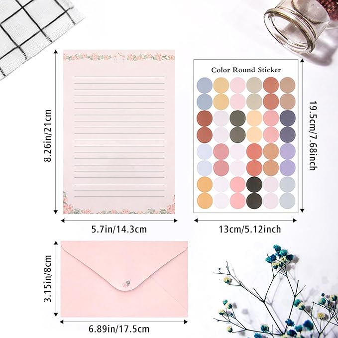 55 Pcs Stationery Paper Envelopes Set Includes 36 Lined Writing Stationery Paper & 18 Envelopes with 48 Colorful Round Stickers, Cute Vintage Letter Writing and Stationery Paper Envelopes(6 Style)