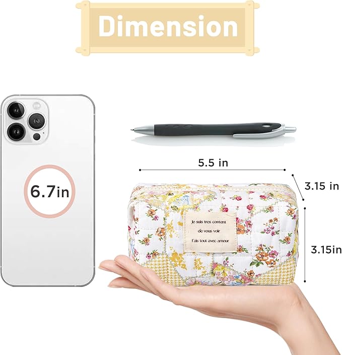 Sminra Floral Makeup Bag Small Cotton Quilted Cosmetic Bag Organizer, Aesthetic Cottagecore Preppy Portable Pouch Purse Toiletry Bag for Women Girls Travel accessories (Beige Floral-S)