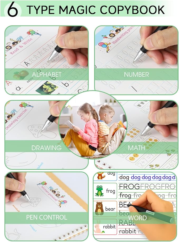 Monking Large Magic Practice Copybook for Kids,Handwriting Grooved Practice Book 6 Pack with Pen Refill English Cursive Calligraphy Reusable Age 3-8