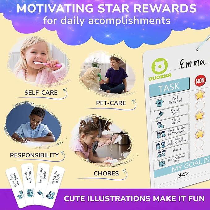 QUOKKA Magnetic Chore Chart for Kids - Reward Behavior Chart for Kids at Home - Dry and Erase Routine and Responsibility Schedule Board - Sticker Toddler List with 48 Magnets & 49 Stars