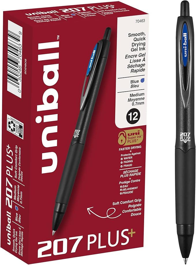 Uniball 207 Plus+ Retractable Gel Pens 12 Pack, 0.7mm, Blue