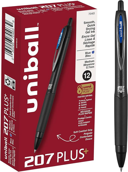 Uniball 207 Plus+ Retractable Gel Pens 12 Pack, 0.7mm, Blue