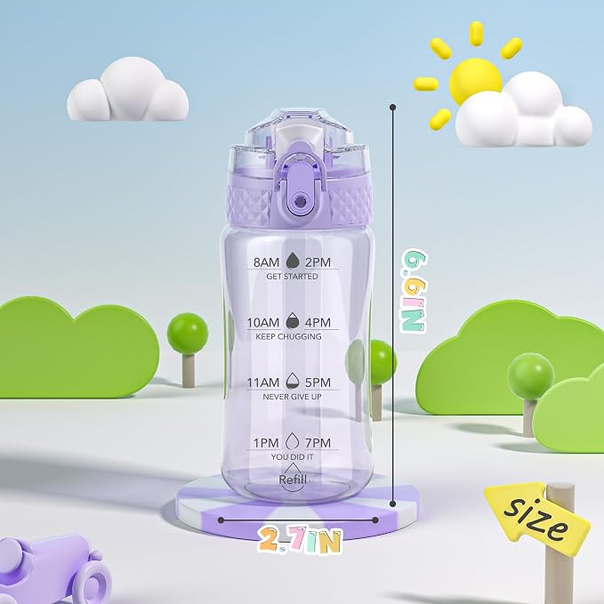 OLDLEY 12oz Kids Water Bottle, Tritan BPA-Free, Leakproof Flip Straw Lid, Motivational Time Marker, Carry Strap, Reusable Clear Water Bottle for Boys & Girls,Amethyst