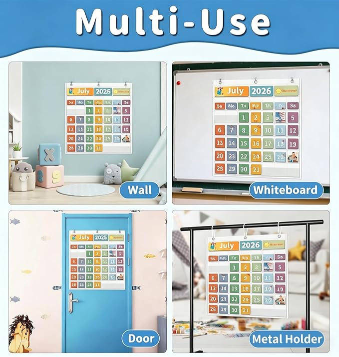 Yoink Classroom Calendar Pocket Chart with 45 Clear Pockets - Blank Monthly Calendar Chart for School, Teacher Essentials, No Cards Included(White)