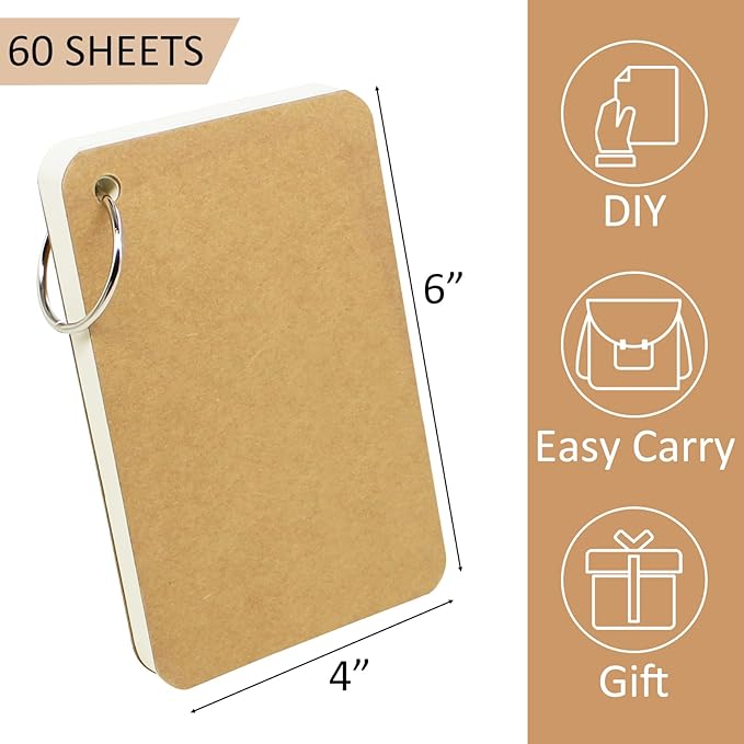 zmybcpack 6 Pack 4x6 Inch Blank Flash Cards with Binder Rings (60 Sheets Each Pack), Blank Easy Flip Index Card Mini Study Note Cue Cards for Studying
