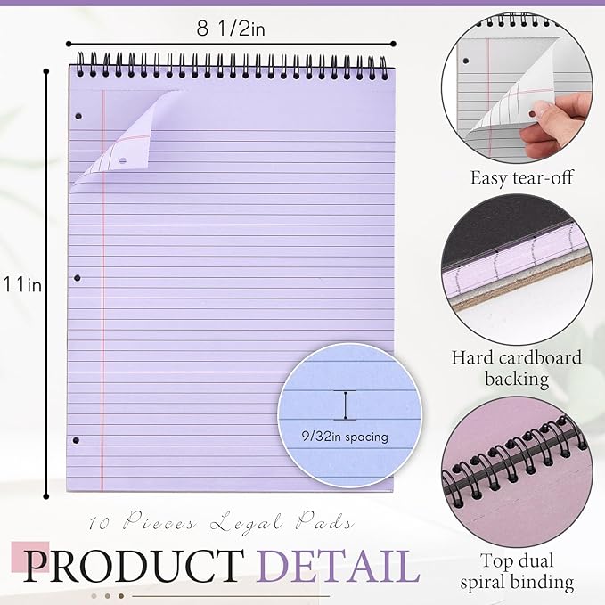 MotiMind 10 Pack 8.5" x 11" Top Spiral Notebook with 3 Hole Punched Morandi Colors Legal Pads College Ruled Notepad 50 Sheets Hard Cardboard Paper Wirebound Notepad for Office School Business