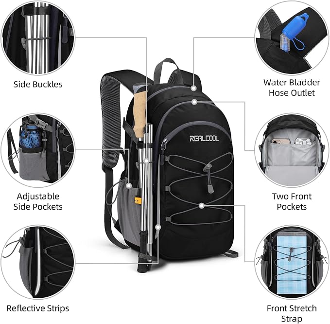 RealCool 20L Lightweight Hiking Backpack, Waterproof Daypack for Camping | 210D tear-resistant nylon, breathable shoulder and back panel, Multi-Compartment,hydration system,reflective strip,bungee net