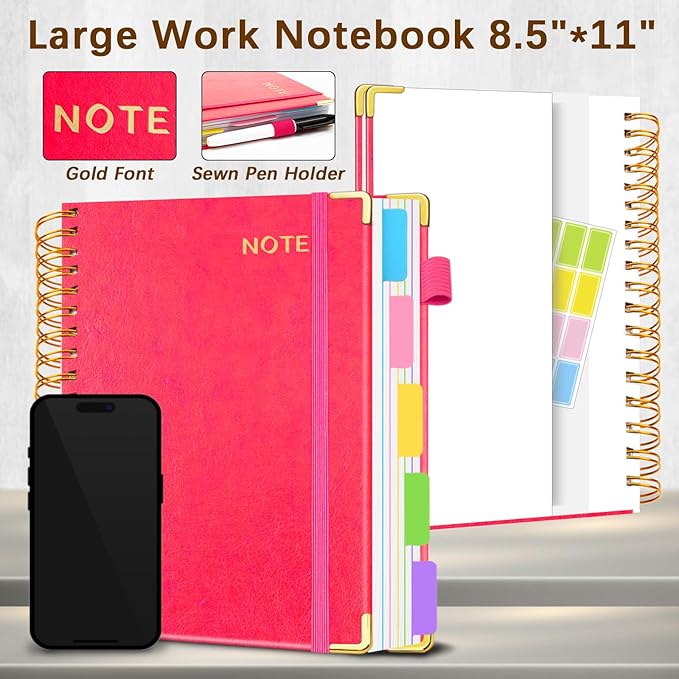 Hardcover Spiral Notebooks for Work 8.5''x 11'', 300 Pages 5 Subject Notebook with Dividers & Tabs, A4 Spiral Journal for Women, College Ruled Notebooks for School Note-Taking (Rose Red)