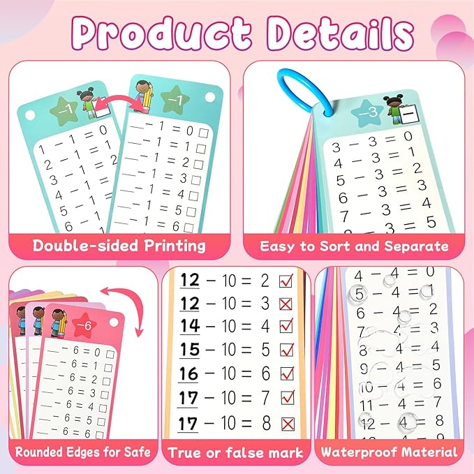 Subtraction Flash Cards 1-12, 15PCS Times Table Flash Cards Chart, with Dry Erase Markers Sorting Ring, 1st, 2nd, 3rd Grades Educational Math Subtraction Game for Kids Classroom Home