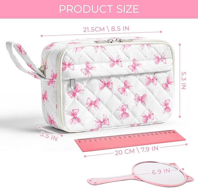 WOBAGMEN Quilted Pencil Pouch for Girls Women, Large Pencil Case Pouch with Compartments Cute Aesthetic Pencil Case Organizer, Floral Pencil Bag for School Supplies (Cute Pink Bow)
