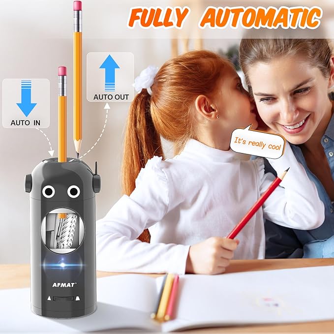 AFMAT Electric Pencil Sharpener for Colored Pencils 7-11.5mm, Fully Automatic Robot Pencil Sharpener, Auto in & Out, Rechargeable Hands-Free for Classroom/Home/Office, Battery Operated, PSX5RB, Gray