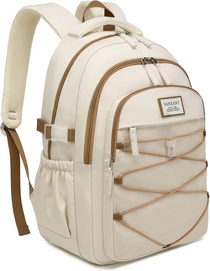 Teen Girls Backpack School Bag, 15.6in Laptop Backpack for Women Work Commuter, Aesthetic College Bookbag for Students, Beige