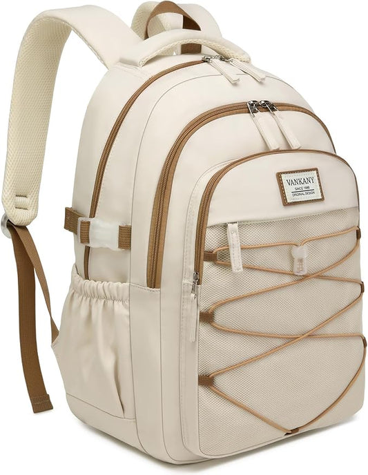 Teen Girls Backpack School Bag, 15.6in Laptop Backpack for Women Work Commuter, Aesthetic College Bookbag for Students, Beige