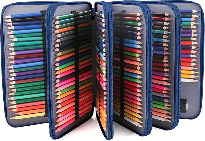 Vomgomfom 252 Slots Pencil Bag, 5-Layer Zipper Art Supply Organizer, PU Leather Portable Colored Pencil Case with Handle for 252 Watercolor Pens, Gel Pens (Blue Rose)