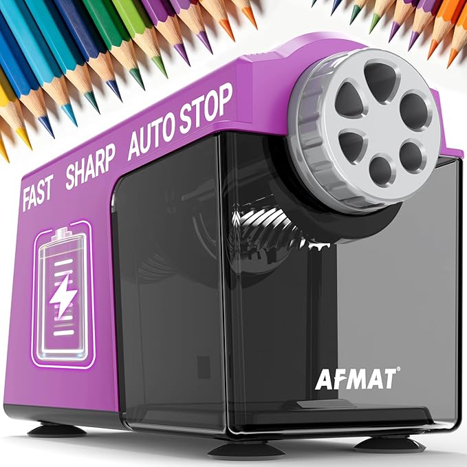 AFMAT Electric Pencil Sharpener for Classroom, 6 Holes, Cordless & Rechargeable, Super Fast, Auto Stop, 10K+ Uses, Heavy Duty Pencil Sharpener for 6-11mm No.2/Large/Colored Pencils PSD4(Purple)