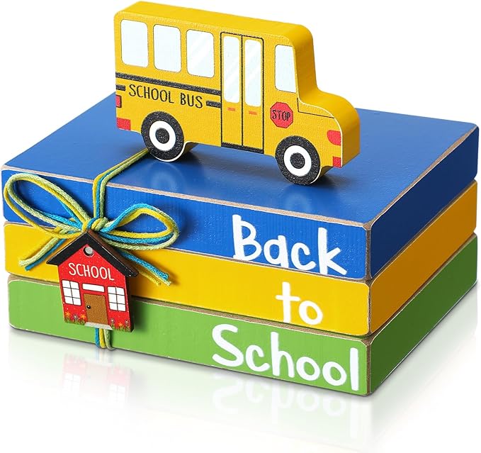 Pinkunn 4 Pcs Back to School Table Decorations School Bus Tiered Tray Decor Mini Bus Wooden Decorative Books Stack Tray First Day Centerpieces Sign for Office Shelf Classroom Tabletop Bookshelf