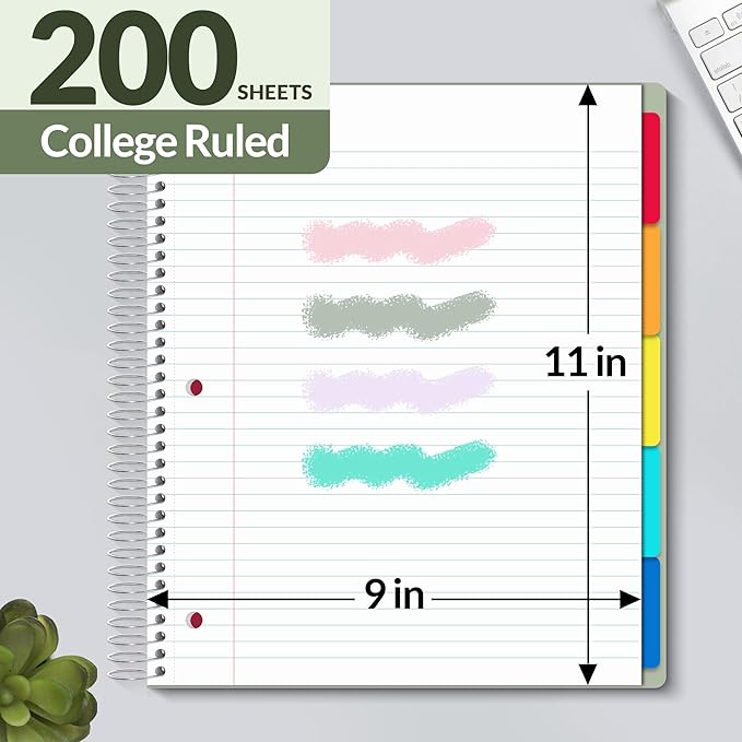 SUNEE 5 Subject Notebook College Ruled - 200 sheets (400 Pages), 9"x11", 5 Pocket Colored Dividers, 3-Hole Punched Paper, Sage Green
