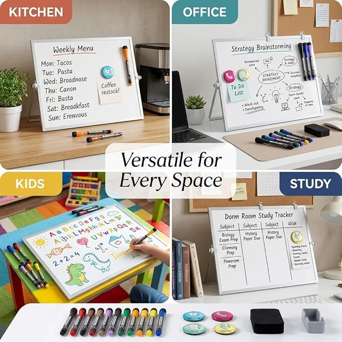 Magnetic Dry Erase Whiteboard 12 x 16 Double Sided, Portable Small White Board with Stand, to Do List Weekly Planner Board for Desk or Wall, Includes 8 Markers Eraser 4 Magnets