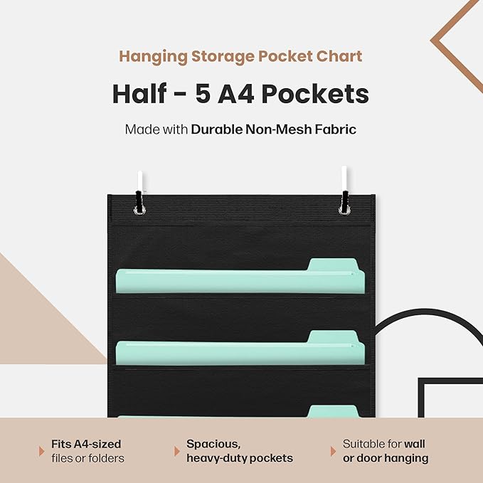 Hippo Creation Heavy Duty Storage Pocket Chart for Classroom, 5 Pocket Storage Organizer with 2 Over-Door Hangers, Hanging Wall Organizer for File Folders, School Mailbox, Home Office Papers - Black