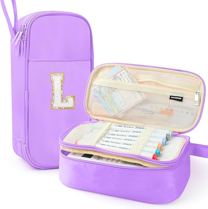 Large Pencil Case,Big Capacity Pencil Pouch,Personalized Initial Pencil Bag with smooth zipper,Multiple Pockets,Cute Aesthetic Stationery Pen Case Bag for Teen Girls College (Purple, L)