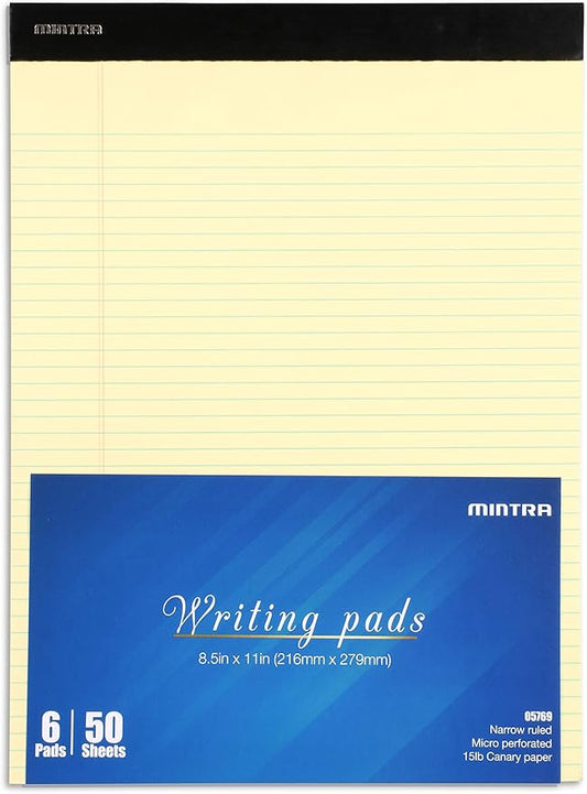 Mintra Office Canary Legal Pads - With Micro-perforated sheets, Smooth-lined paper, Ideal for Office Tasks, Assignments or Notes, Meetings, and Journaling, 6 pack Narrow Ruled, Basic Pad, 8.5"x11"