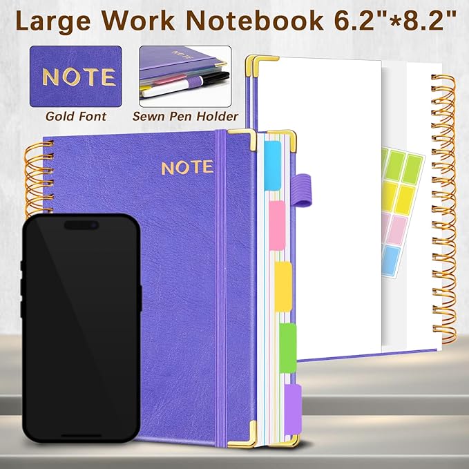 Hardcover Spiral Notebooks for Work 6.2"x 8.2", 300 Pages 5 Subject Notebook with Dividers & Tabs, A5 Spiral Journal for Women, College Ruled Notebook for School Note-Taking (Purple)