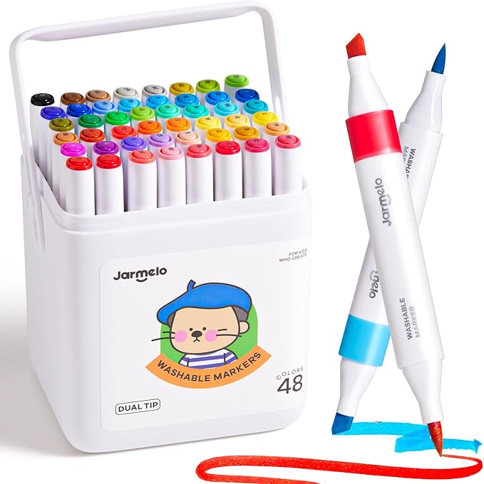 Jar Melo Washable Dual Tip Markers for Kids Ages 8-12, Brush & Chisel Tip, Water-Based Coloring Markers, Double-Tipped 48 Colors Marker Set with Storage Case, School Art Supplies for Boys & Girls