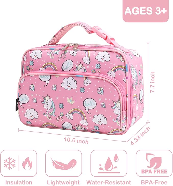 FlowFly Kids Lunch box Insulated Soft Bag Mini Cooler Back to School Thermal Meal Tote Kit for Girls, Boys, Rainbow