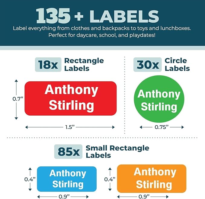 Waterproof Custom Name Stickers (135 Labels) - Personalized Daycare Labels for Clothing, Water Bottles, Lunch Boxes & School Supplies - Ideal for Camp & Daycare - No-Iron (Mixcolors)