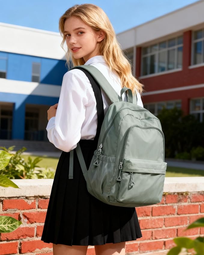 BJLFS Green Cute School Backpack with Laptop Compartment Small Travel Laptop Backpack for Women Men Waterproof College Backpack Simple School Bag for Teens Girls Boys
